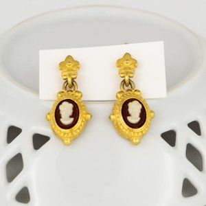 Vintage Cameo Dangle Earrings Gold Tone Red Signed C. Stein Post